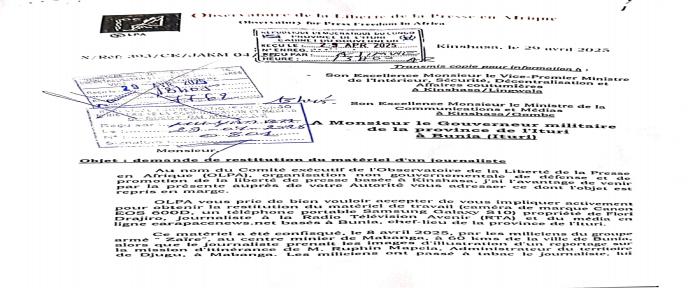 Ituri: OLPA exige la restitution du matériel d'un journaliste