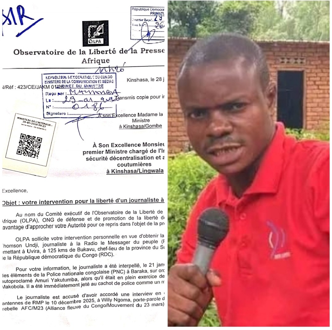 Sud-Kivu: OLPA plaide pour la libération d'un journaliste à Baraka